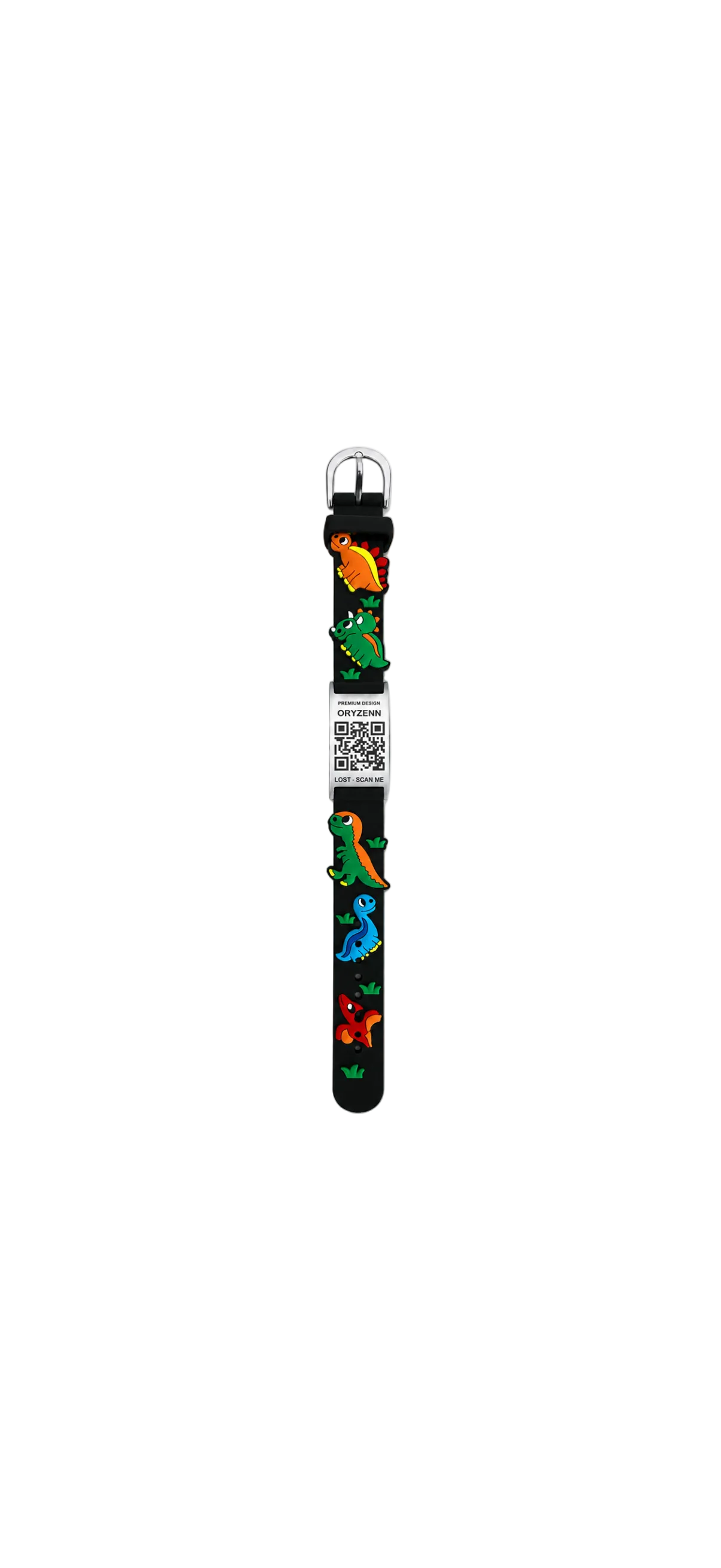 Gros plan sur le QR code en acier inoxydable du bracelet Oryzenn